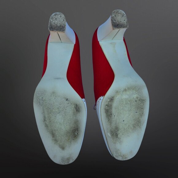 Vintage Socialites Spectator Heels Pumps Size 8 Red White 70s Does 40s Lace Up - Picture 11 of 11